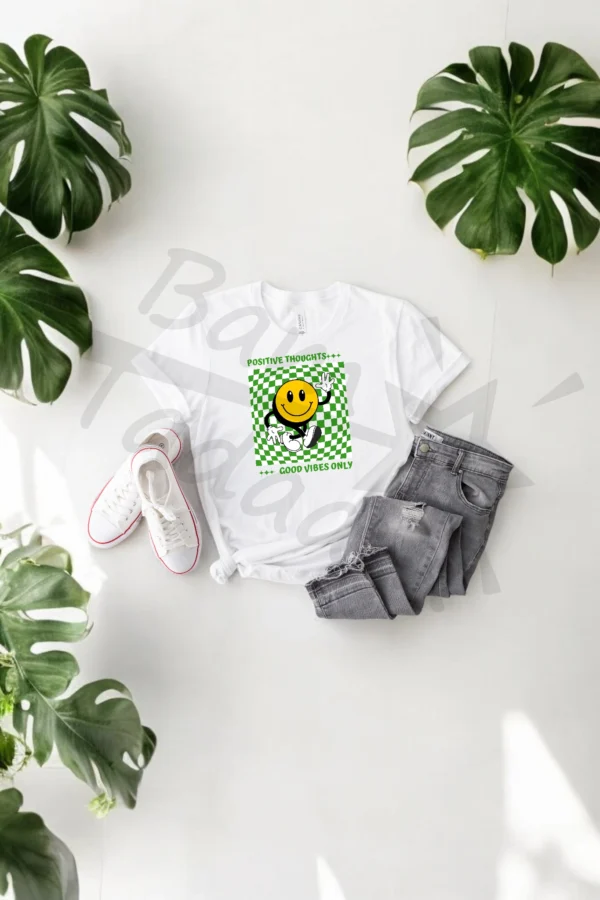 T-shirt BIAŁY *438.Positive thoughts-good vibes only / green checkered smile* >wybierz fason<