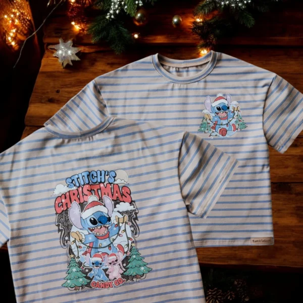 T-shirt beżowy w paski *STITCH'S CHRISTMAS* >od ręki 104/110<