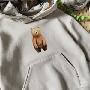 Bluza ocieplana JASNY BEŻ z kangurką i kapturem "Misiowy zawrót głowy" >od ręki 104/110<