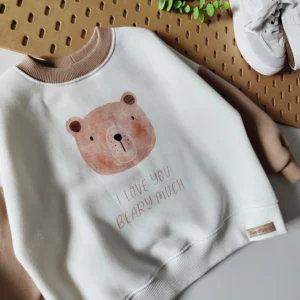 Bluza oversize ocieplana ECRU+CAMEL "I love you BEARy much" >od ręki 98<