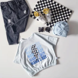 T-shirt BŁĘKITNY MELANŻ "MAMA'S BOY/piorun" >od ręki 104/110<