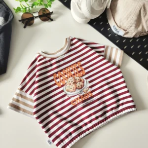 T-shirt PASKI BORDOWO-BEŻOWO-BIAŁE "Cookies chaos" >od ręki 80/86<