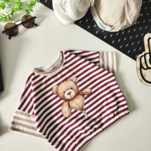 T-shirt PASKI BORDOWO-BEŻOWO-BIAŁE "Misiaczek" >od ręki 80/86<