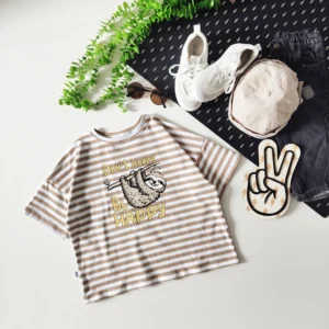 T-shirt PASKI BEŻOWO-BIAŁE "Don't hurry." >od ręki 116/122<