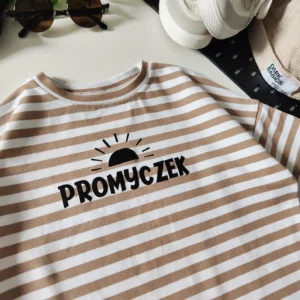 T-shirt PASKI BEŻOWO-BIAŁE "Promyczek" >od ręki 104/110<